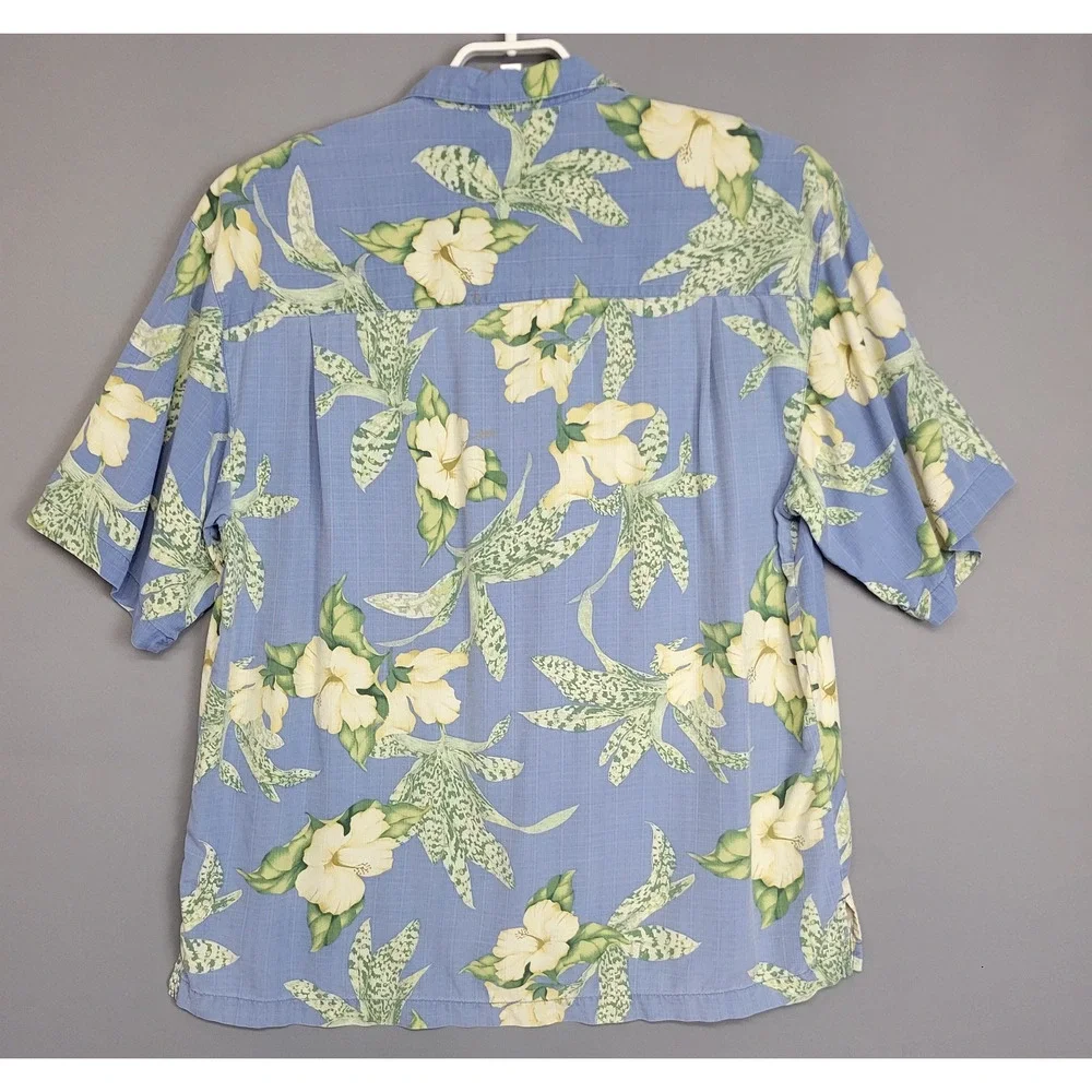 Bermuda Bay 100% Silk Shirt Mens L Blue Hawaiian Buttons Floral Short‎ Sleeve